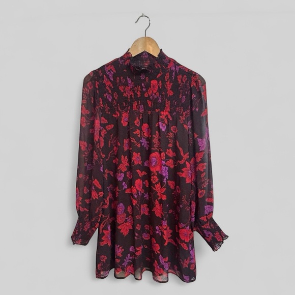 Sanctuary NIGHT WISH Sparks Fly Floral Printed Smocked Shift Dress Size Small - Picture 2 of 9